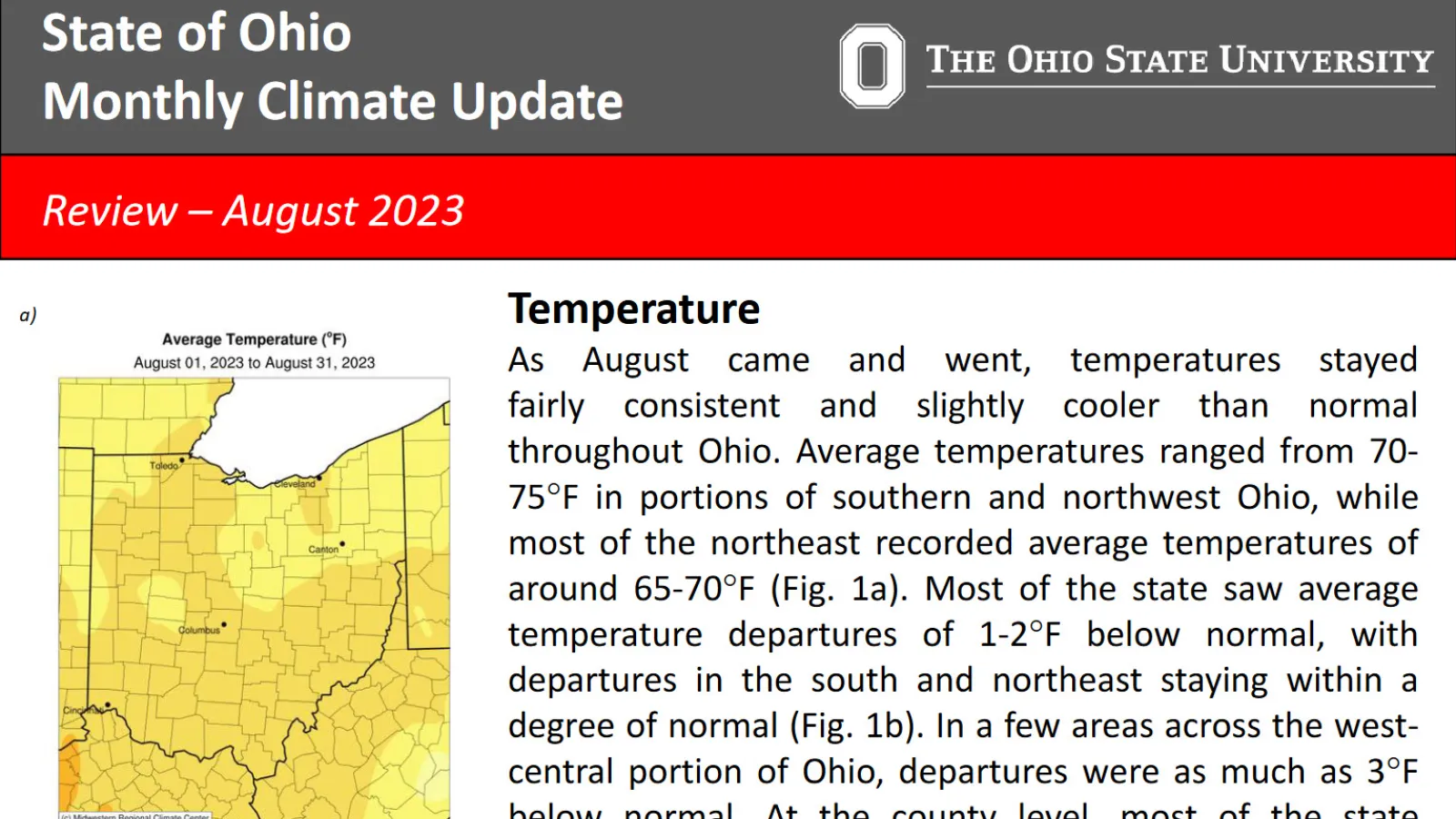 Ohio Monthly climate update for Aug 2023