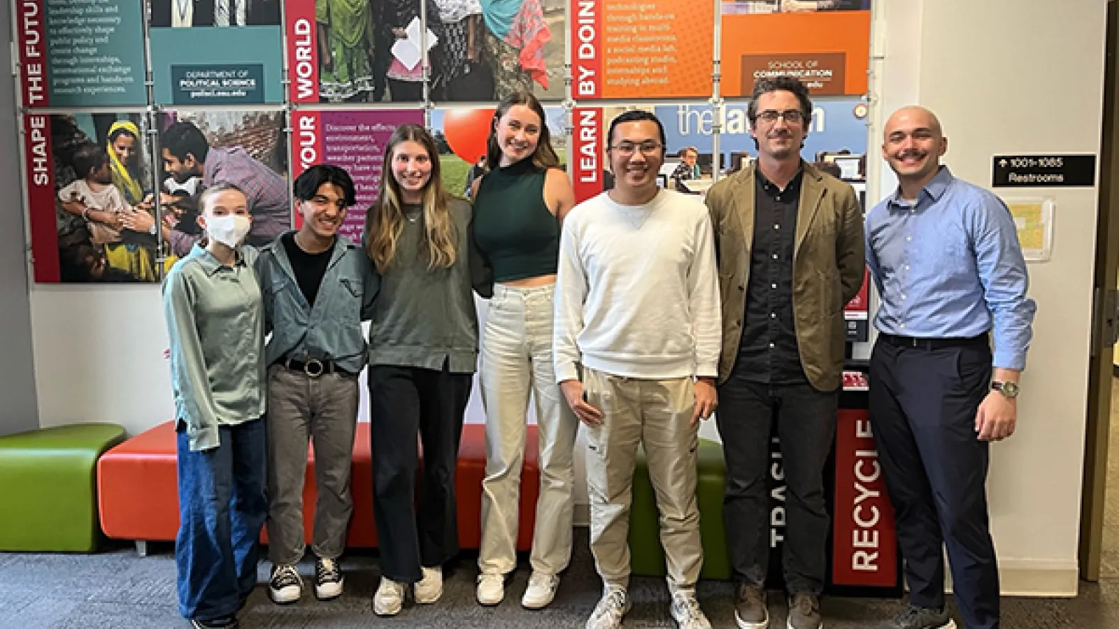 Social and Environmental Geography (SEG) majors Cat Adams, Tyler Littlejohn, Natalie Stotz, Emma Maher, Allen Liu, and Geoffrey Brown join Dr. Max Woodworth 