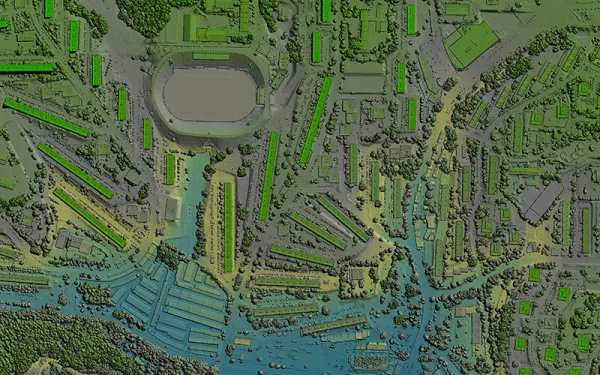 Stock photo - LiDAR 3D image of a city with sports stadium 